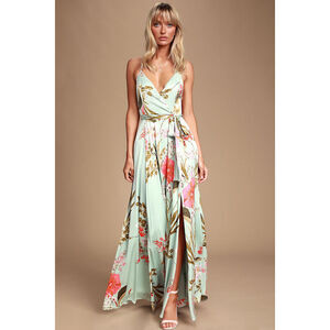 Lulus Still The One Sage Green Floral Print Satin Maxi Dress - Size S